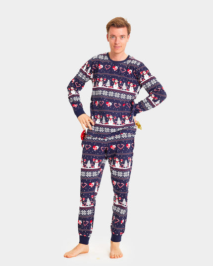Unisex Adult Christmas Pajamas Blue with Snowmen and Hearts