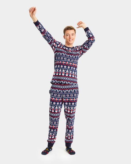 Unisex Blue Christmas Pajamas with Santa and Trees