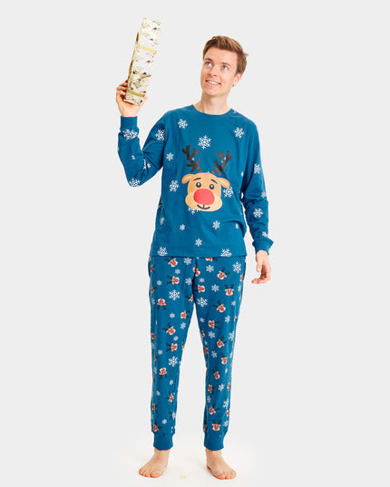 Unisex Blue Christmas Pajamas with Rudolph