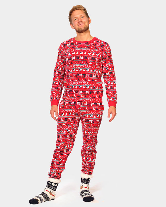 Unisex Red Christmas Pajamas with Reindeer and Trees
