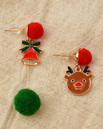 Christmas Earrings with Rudolf and Bell Design