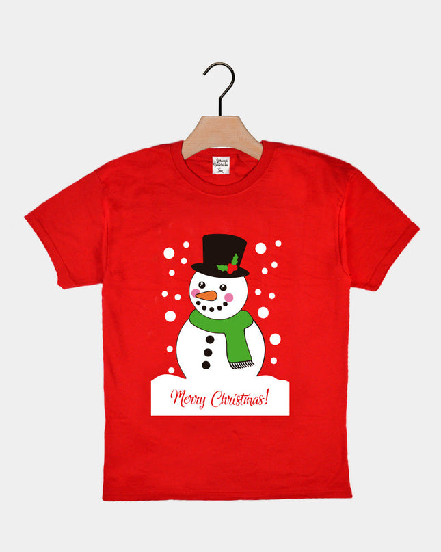 Red Christmas T-Shirt for Kids with Snowman Design