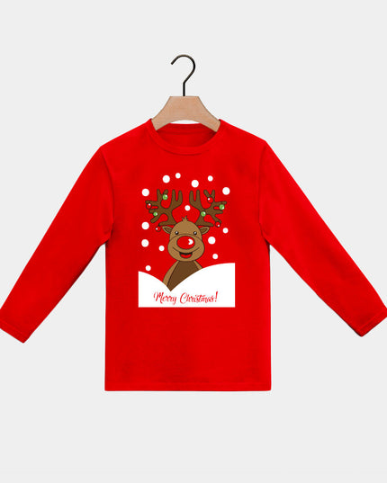 Red Long Sleeve Kids Christmas T-Shirt with Reindeer