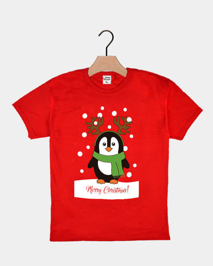 Red Christmas T-Shirt for Kids with Penguin Design