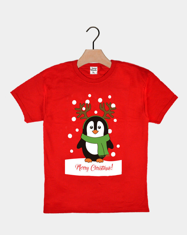 Red Christmas T-Shirt for Kids with Penguin Design