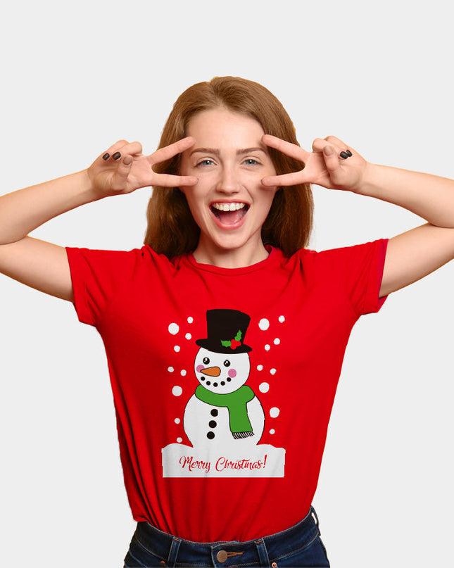 Red Christmas T-Shirt for Family with Snowman Design