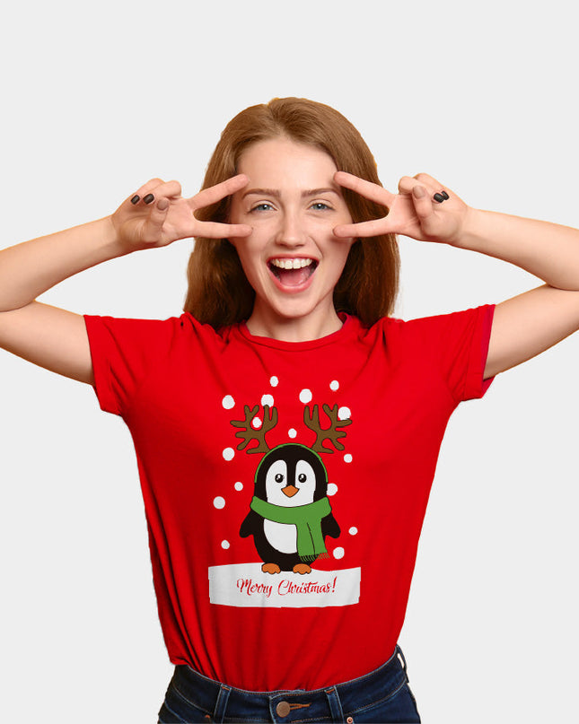 Red Family Christmas T-Shirt with Penguin