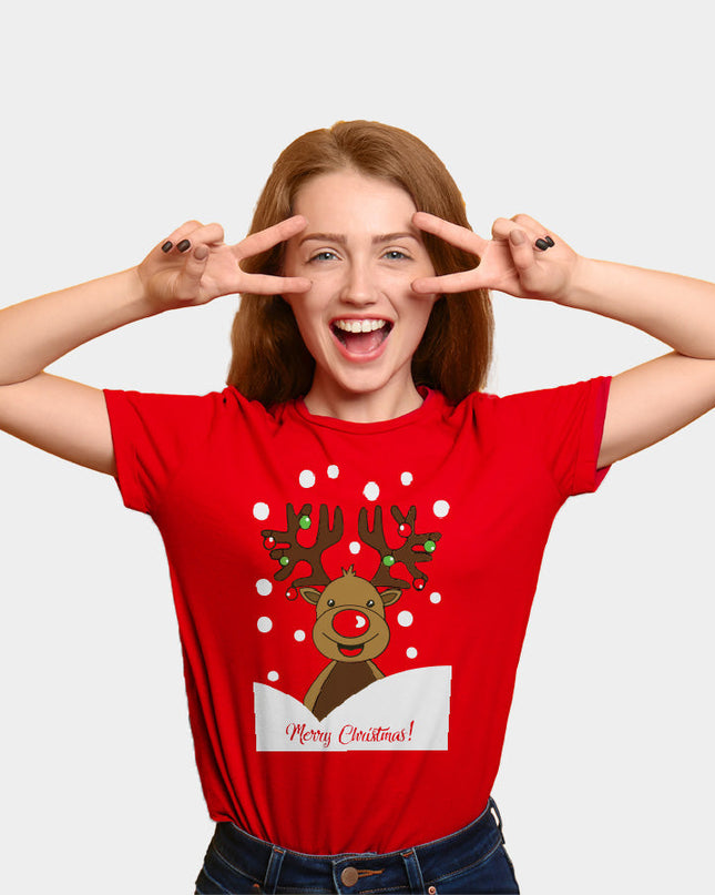 Red Family Christmas T-Shirt with Reindeer