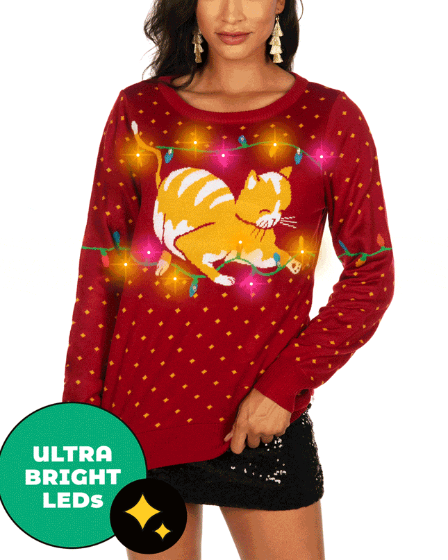 Women's Cat-itude Light Up Ugly Christmas Sweater