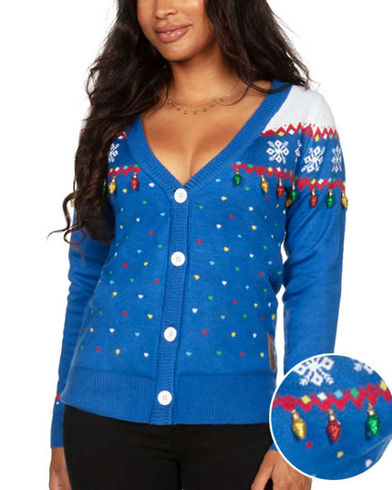Women's Blue Christmas Lights Cardigan Sweater
