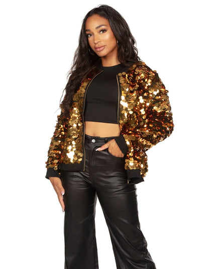 Women's Gold Sequin Disc Bomber Jacket