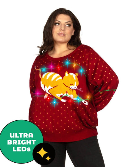 Women's Cat-itude Light Up Plus Size Ugly Christmas Sweater