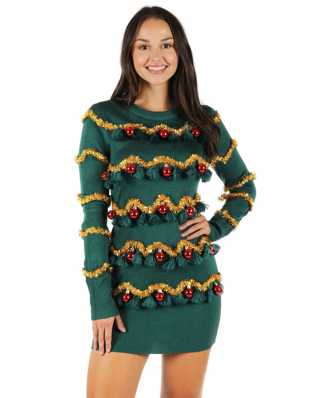 Women's Tinsel Tree Christmas Sweater Dress